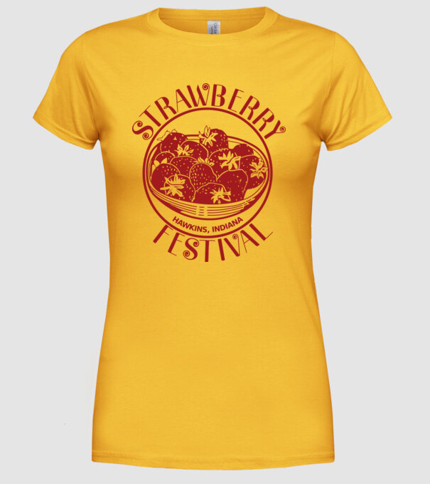 strawberry festival stranger things model galben pe tricou
