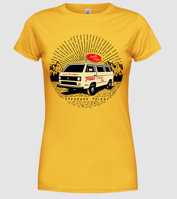 surfer boy pizza bus stranger things model galben pe tricou