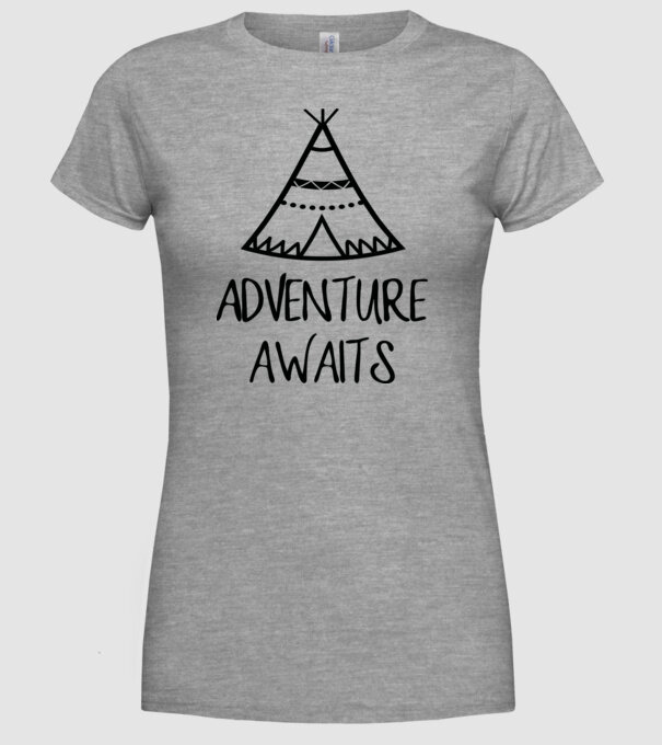 Advanture awaits model gri pe tricou