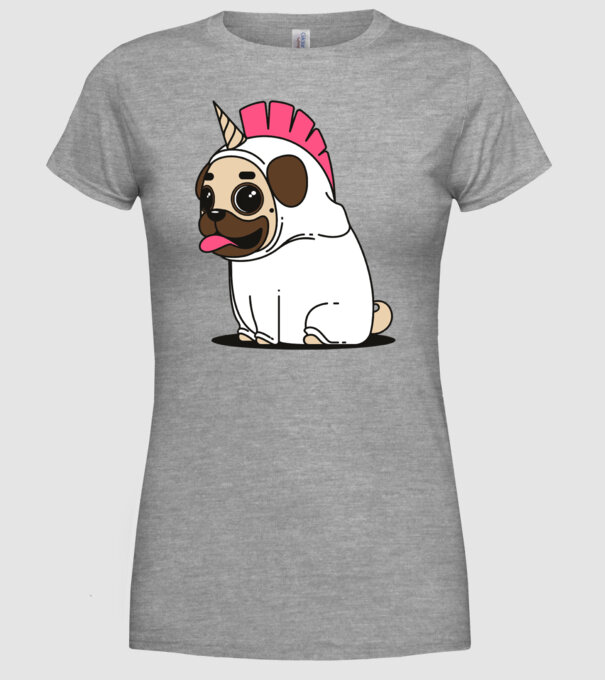 Pug Unicorn model gri pe tricou