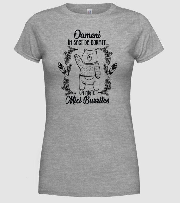 oameni în saci de dormit... ca niște mici burritos model gri pe tricou