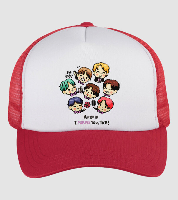BTS chibi model alb/roșu pe tricou