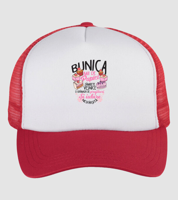 bunica - mii de pupici, zâmbete veșnice, o grămadă de prăjituri și iubire nesfârșită model alb/roșu pe tricou