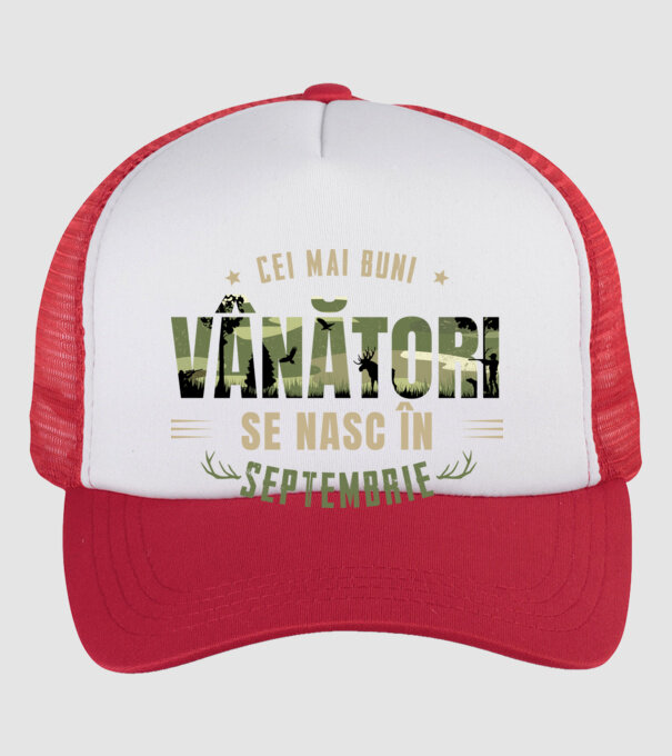 Cei mai buni vânători se nasc în septembrie model alb/roșu pe tricou