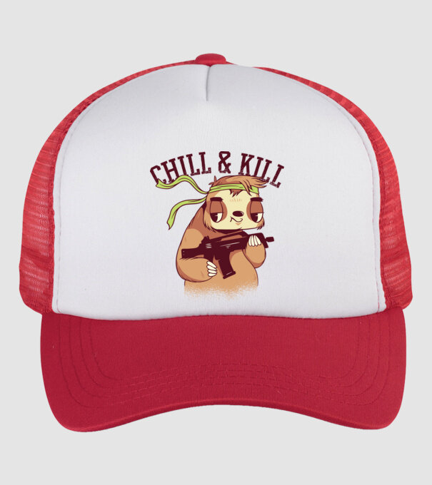 chill and kill model alb/roșu pe tricou