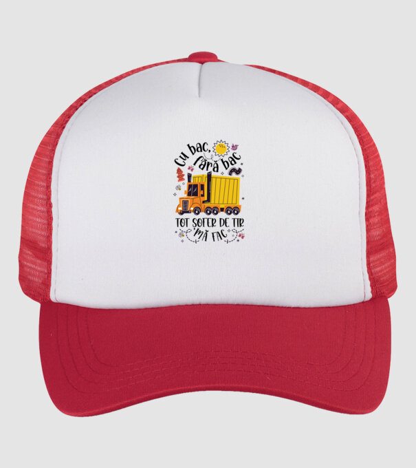 Cu bac, fără bac, tot șofer de tir mă fac model alb/roșu pe tricou