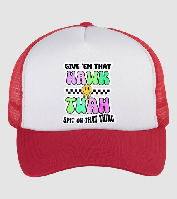 Give 'em that hawk tuah hippie trip model alb/roșu pe tricou