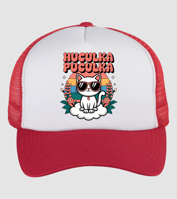 Huculka Puculka pisică 1 model alb/roșu pe tricou