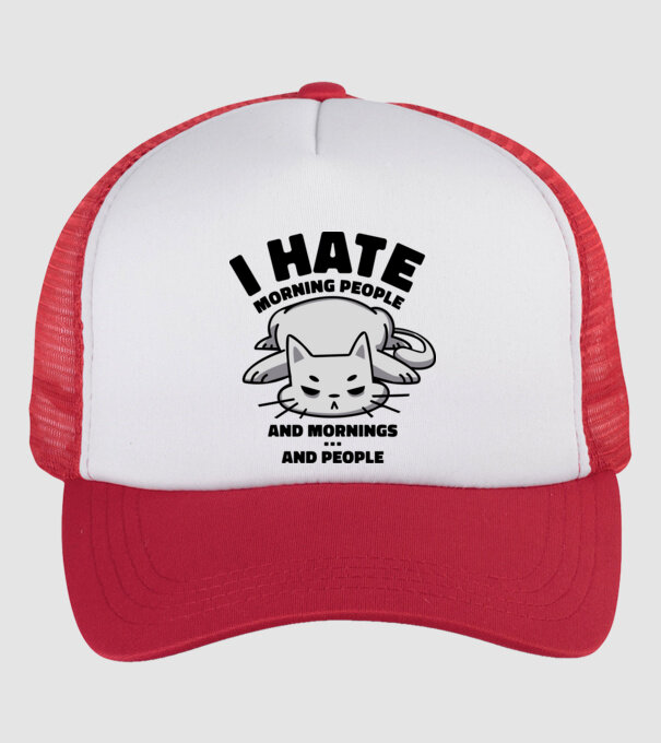 I hate morning people antisocial cat model alb/roșu pe tricou