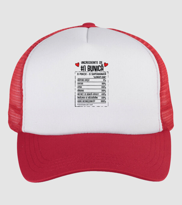 Ingrediente Bunică - o porție : o superbunică - %consum zilnic* răspuns greșit, sfaturi, umor, răbdare, instinct de bunică-ursul model alb/roșu pe tricou