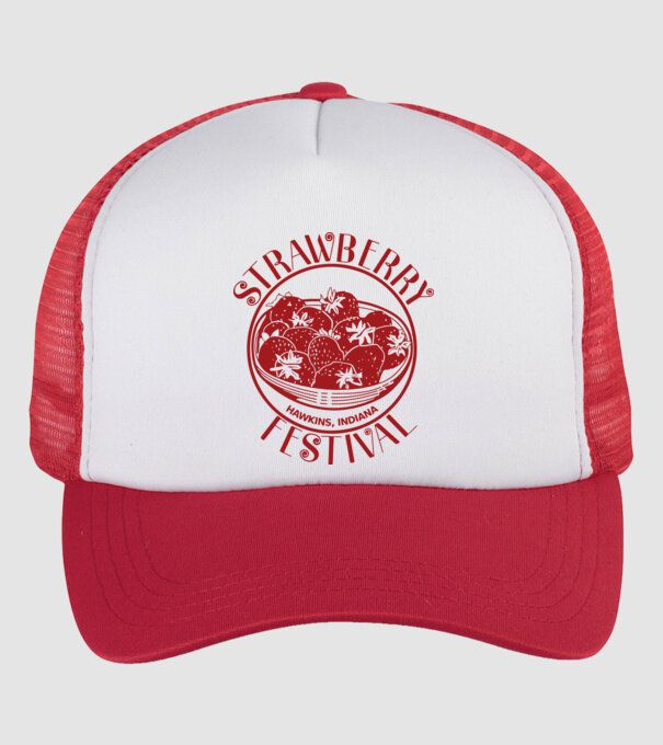 strawberry festival stranger things model alb/roșu pe tricou