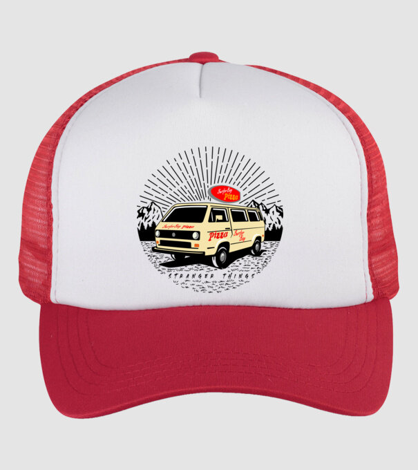 surfer boy pizza bus stranger things model alb/roșu pe tricou