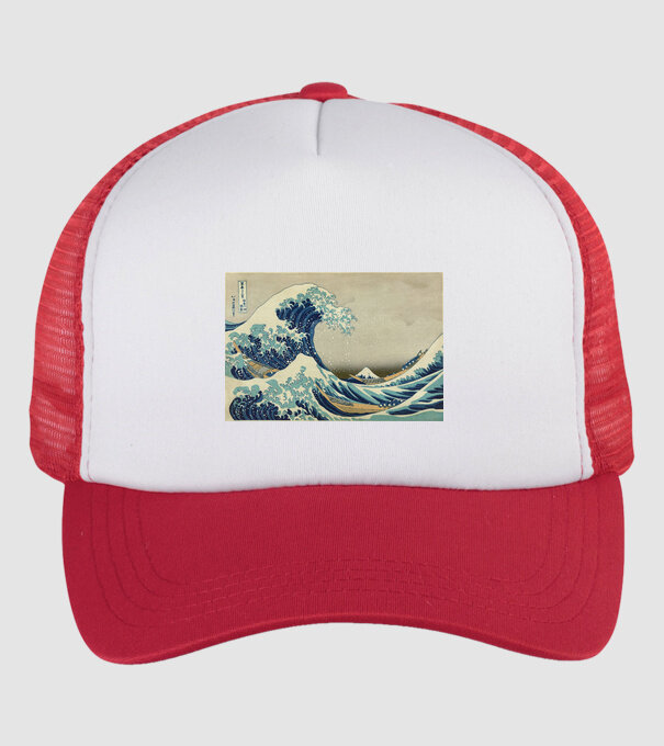 Great Wave of Kanagawa mască model alb/roșu pe tricou