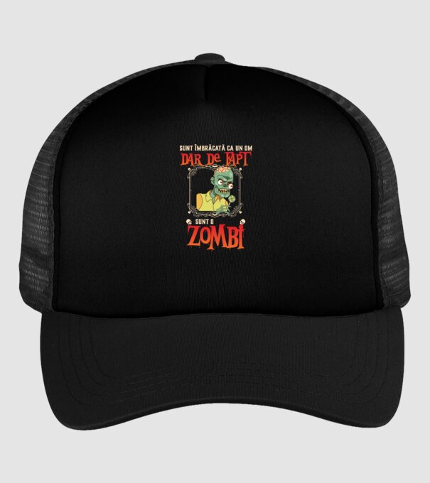sunt îmbrăcat ca un om, dar de fapt sunt un zombi model negru pe tricou