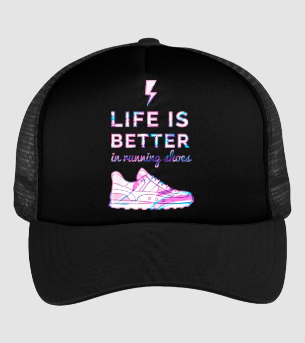 Life is better running shoes HOLO model negru pe tricou