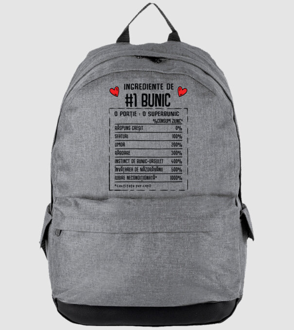 Ingrediente Bunic - o porție : un superbunic - %consum zilnic* răspuns greșit, sfaturi, umor, răbdare, instinct de bunic-ursuleț model gri pe tricou
