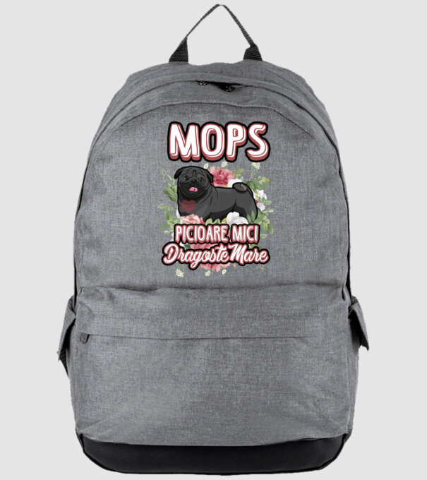Mops negru picioare mici dragoste mare model gri pe tricou