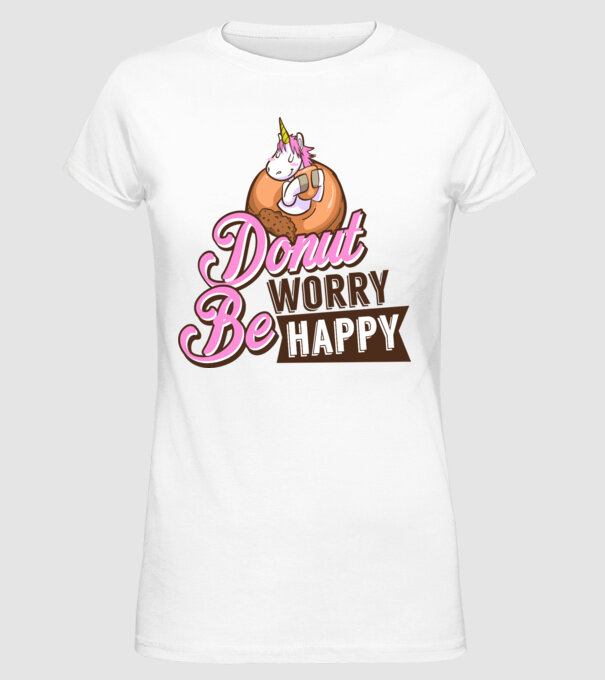 Donut worry be happy model alb pe tricou