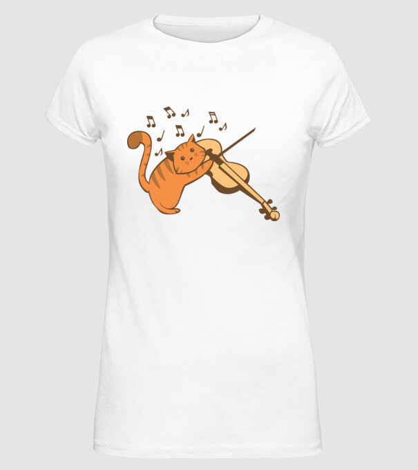 Pisică cântă la vioară model alb pe tricou