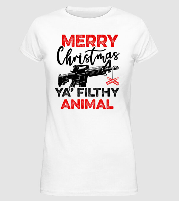 Merry Christmas Ya Filthy Animal model alb pe tricou