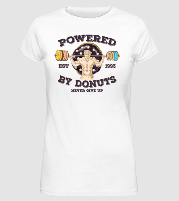 Powered by donuts model alb pe tricou