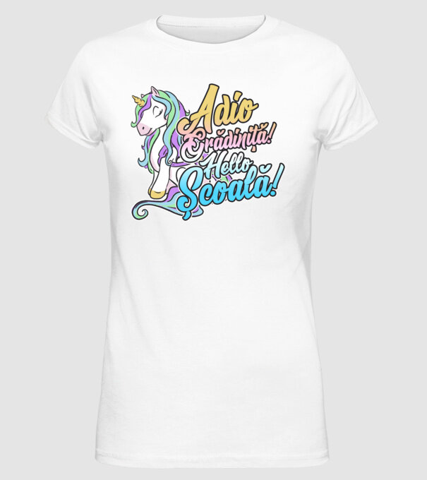 Adio grădiniță! Hello școală! model alb pe tricou