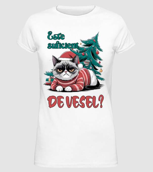 Este suficient de vesel? pisică Crăciun model alb pe tricou