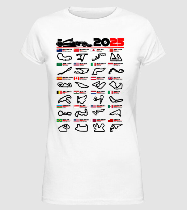 F1 calendar 2025 model alb pe tricou