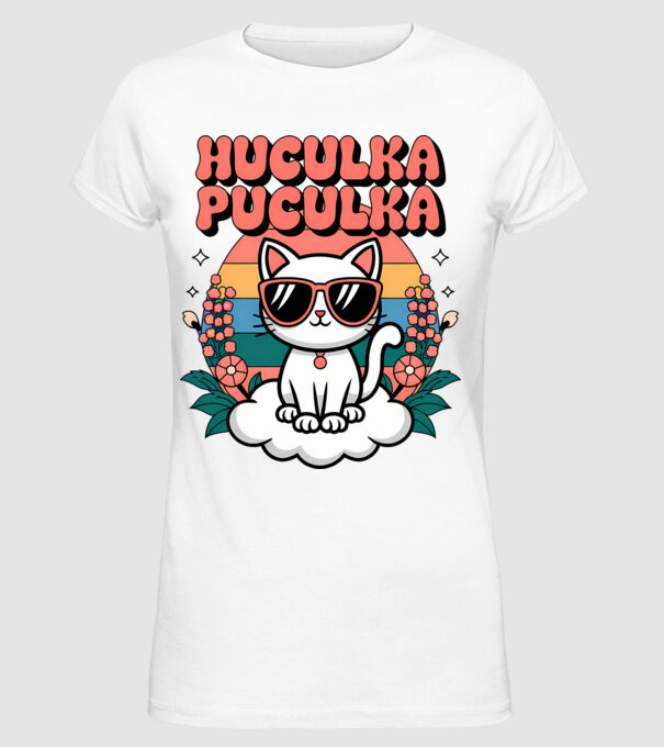 Huculka Puculka pisică 1 model alb pe tricou