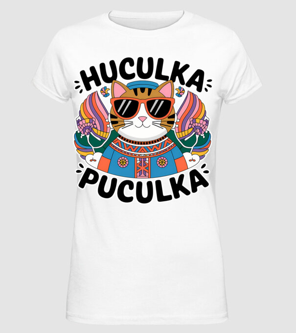 Huculka Puculka pisică 3 model alb pe tricou
