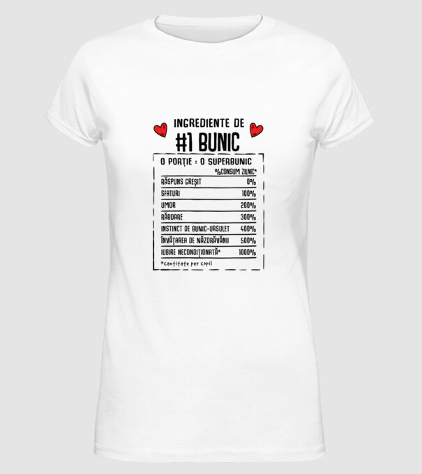 Ingrediente Bunic - o porție : un superbunic - %consum zilnic* răspuns greșit, sfaturi, umor, răbdare, instinct de bunic-ursuleț model alb pe tricou