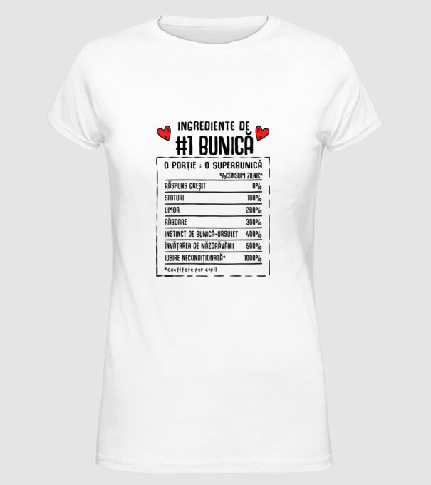 Ingrediente Bunică - o porție : o superbunică - %consum zilnic* răspuns greșit, sfaturi, umor, răbdare, instinct de bunică-ursul model alb pe tricou