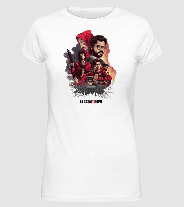 la casa de papel poster theme model alb pe tricou