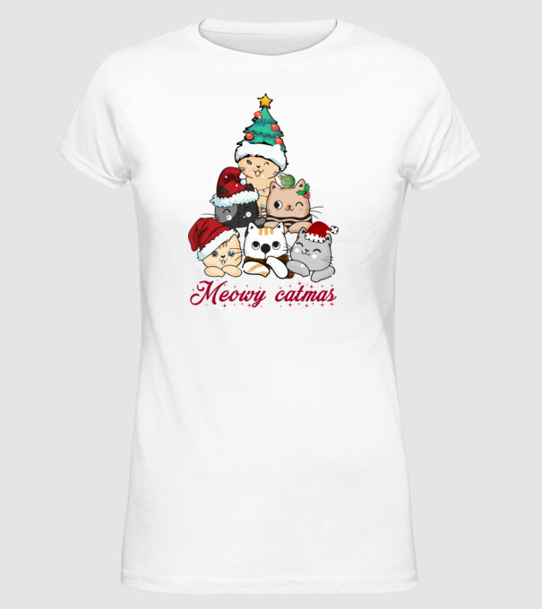 Meowy catmas model alb pe tricou