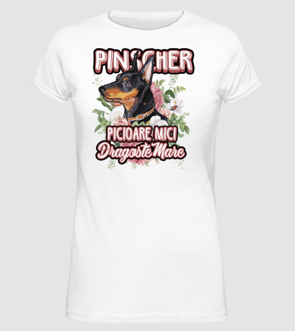 Pinscher picioare mici dragoste mare model alb pe tricou