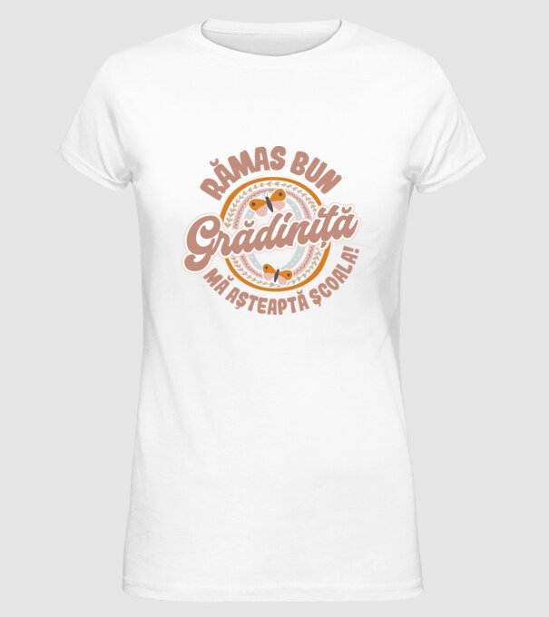Rămas bun grădiniță, mă așteaptă școala! model alb pe tricou