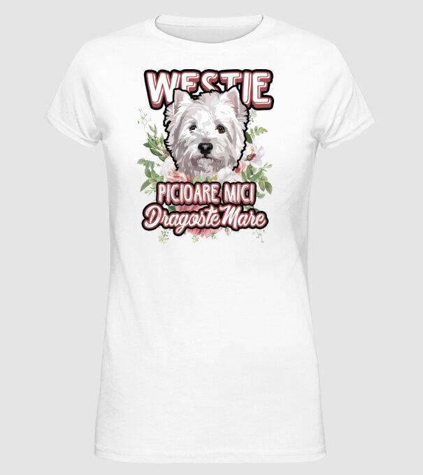 Westie picioare mici dragoste mare model alb pe tricou