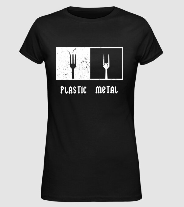 Plastic vs metal model negru pe tricou
