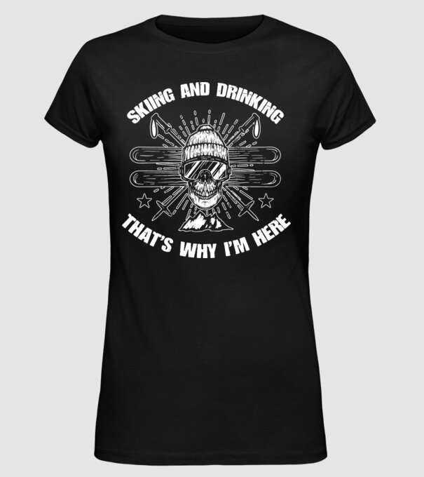Skiing and drinking model negru pe tricou