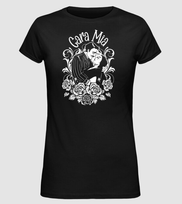 Addams family couple shirt Morticia and Gomez Cara Mia model negru pe tricou