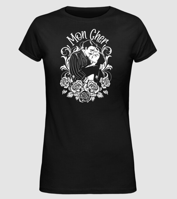 Addams family couple shirt Morticia and Gomez Mon cher model negru pe tricou