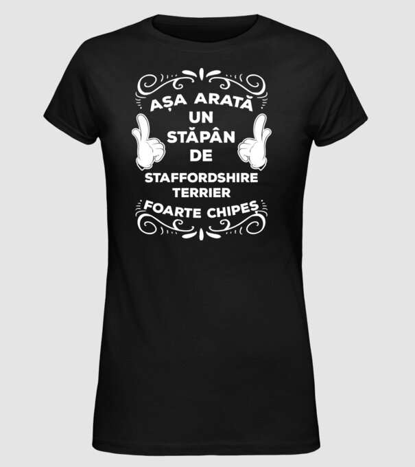 Așa arată un stăpân de Staffordshire Terrier foarte chipeș model negru pe tricou
