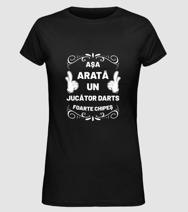 Așa arată un JUCĂTOR DARTS foarte chipeș model negru pe tricou