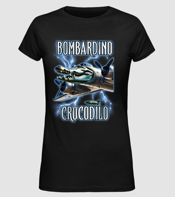 Bombardino Crocodilo model negru pe tricou