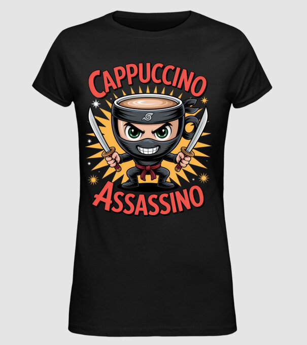Cappuccino Assasino model negru pe tricou