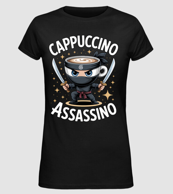 Cappuccino Assassino model negru pe tricou