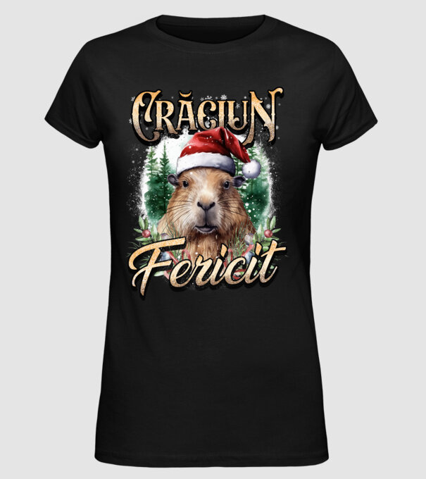 Capybara christmas model negru pe tricou