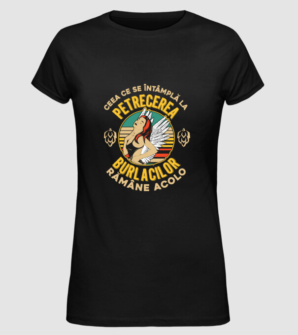 Ceea ce se întâmplă la petrecerea burlacilor rămâne la petrecerea burlacilor model negru pe tricou