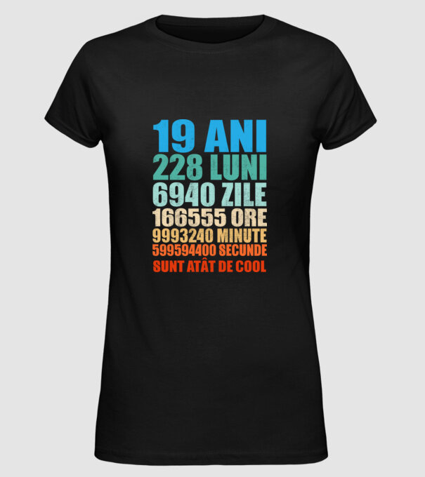 De 19 ani - luni - zile - ore - minute - secunde - sunt atât de cool model negru pe tricou