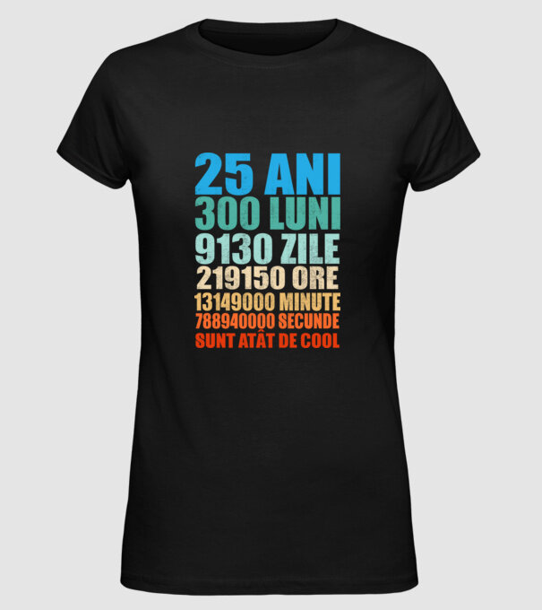 De 25 ani - luni - zile - ore - minute - secunde - sunt atât de cool model negru pe tricou
